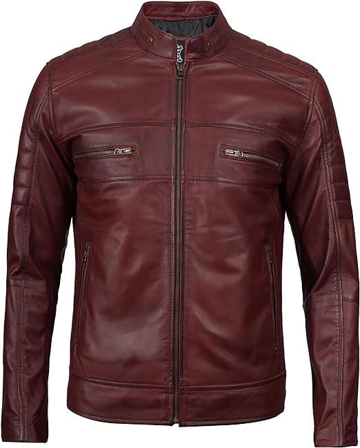 Classic Cafe Racer Style Real Lambskin Leather Jacket For Men - Maroon