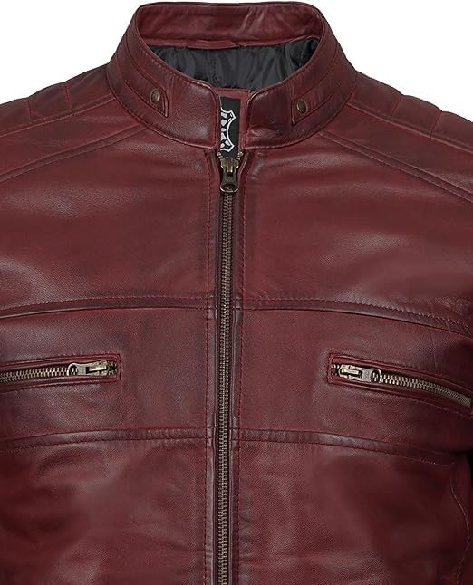 Classic Cafe Racer Style Real Lambskin Leather Jacket For Men - Maroon