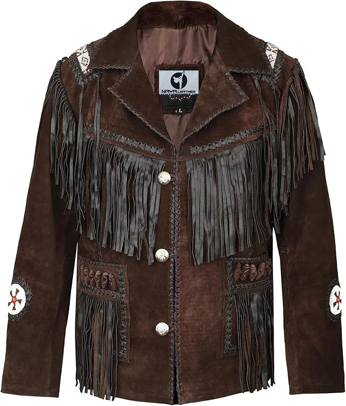 Men's Traditional Dark Brown Texture Cowboy Western Leather Jacket | Native American Suede Coat with Beaded & Fringed