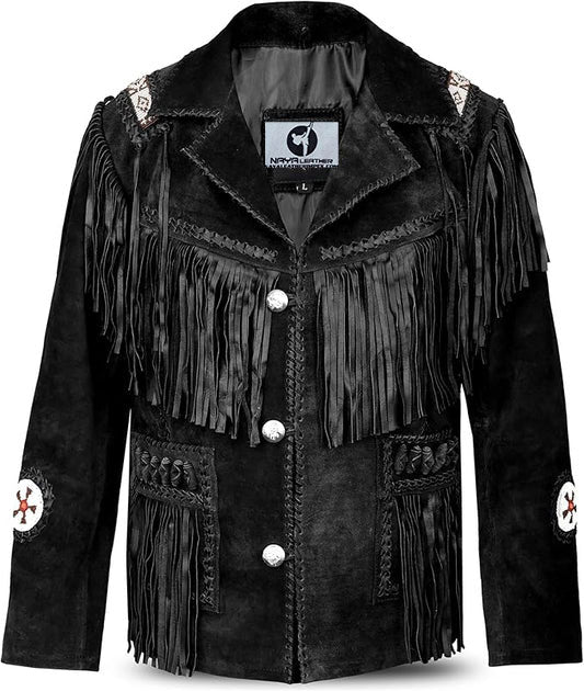 Men's Traditional Black Texture Cowboy Western Leather Jacket | Native American Suede Coat with Beaded & Fringed