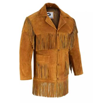  Native American Suede Coat with Simple Long Fringes -Golden Tan