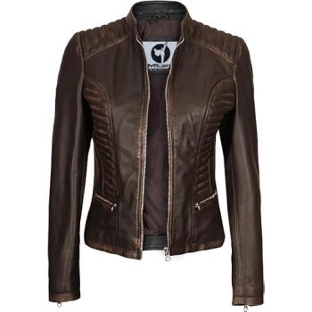 Real Lambskin Café Racer Style Fashion Jacket-Brown Ruboff Texture