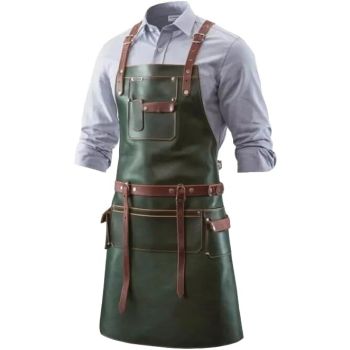 Handmade Leather Apron For BBQ Chef Cooking with Pockets Strap - Green