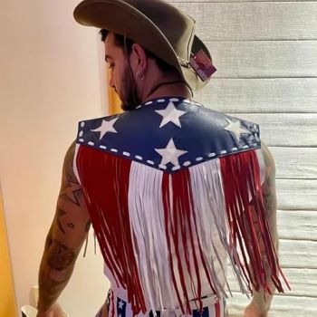 Leather Fringe Vest, American Flag Design, Western Cowboy Style, Unisex -  White /Navi Blue