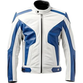 Men’s White and Blue Lambskin Genuine Leather Biker Jacket