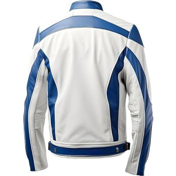 Men’s White and Blue Lambskin Genuine Leather Biker Jacket