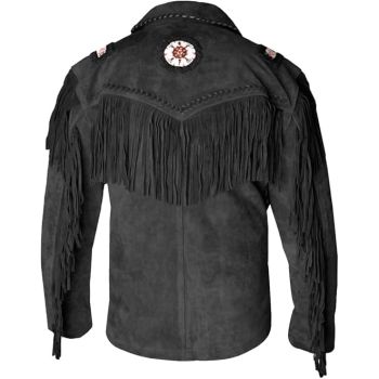 Cowboy Buckskin Suede Leather Jacket with Fringes Black