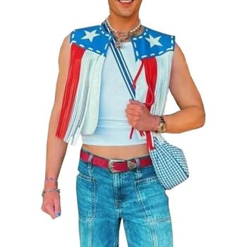 Leather Fringe Vest, American Flag Design, Western Cowboy Style, Unisex -  White/Blue