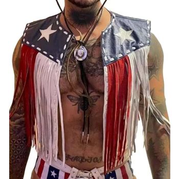 Leather Fringe Vest, American Flag Design, Western Cowboy Style, Unisex -  White /Navi Blue