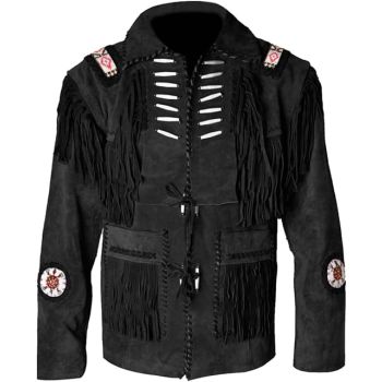 Cowboy Buckskin Suede Leather Jacket with Fringes Black