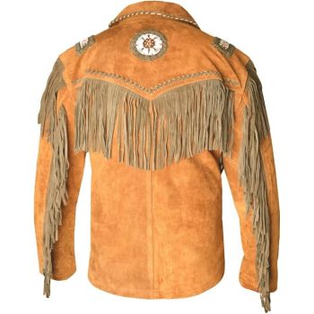 Cowboy Buckskin Suede Leather Jacket with Fringes Camel Brown