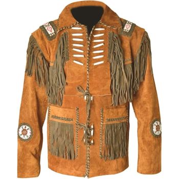 Cowboy Buckskin Suede Leather Jacket with Fringes Camel Brown