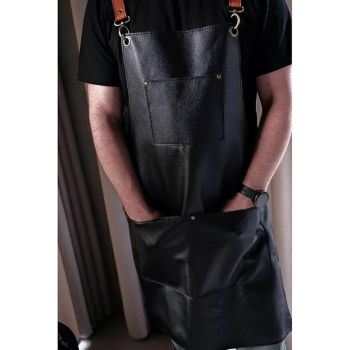 Handmade Leather Apron For BBQ Chef Cooking with Pockets Strap - Black
