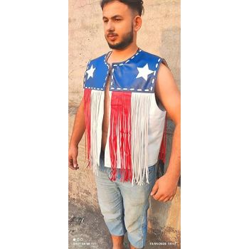 Leather Fringe Vest, American Flag Design, Western Cowboy Style, Unisex -  White/Blue