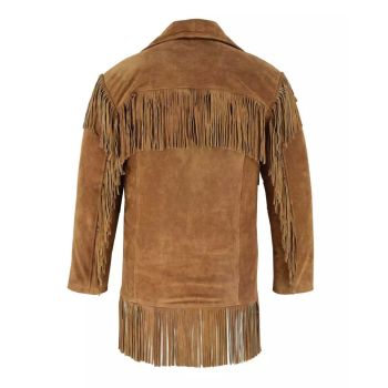 Native American Suede Coat with Simple Long Fringes - Camel