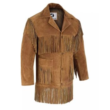 Native American Suede Coat with Simple Long Fringes - Camel