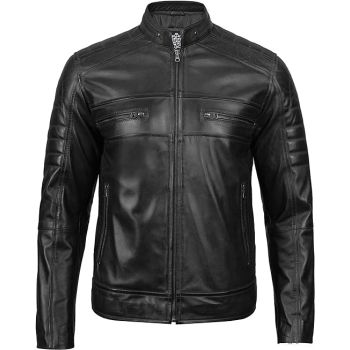 Classic Café Biker Style Real Lambskin Leather Jacket - Black