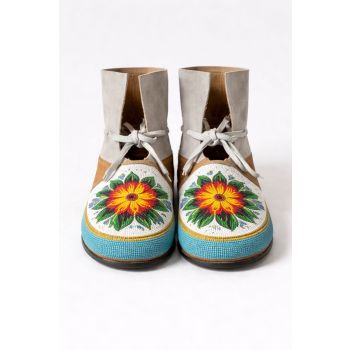 Handcrafted Vintage Minnetonka Beaded Suede Moccasins with Sunflower Motif For Unisex