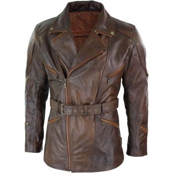 Men's Cow Leather Trench Coat Biker Vintage Vexes Coat-Brown 