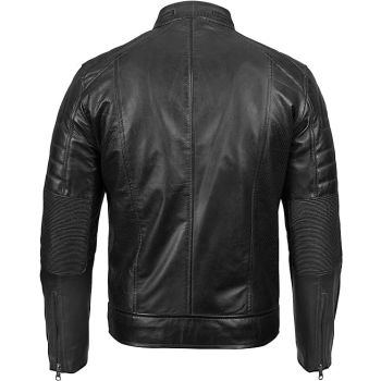 Classic Café Biker Style Real Lambskin Leather Jacket - Black