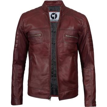 Classic Café Biker Style Real Lambskin Leather Jacket - Maroon