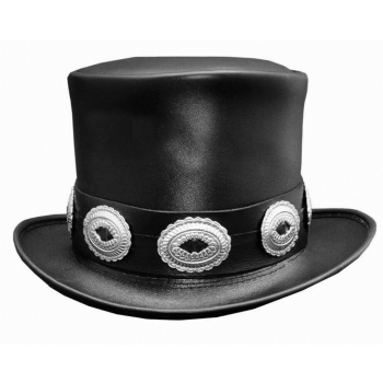 Leather Top Hat - Rocker Style Conchos Band - Black - Handmade
