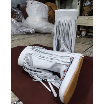 Vintage White Lamb Leather Fringe Beaded Moccasins Boots For Unisex