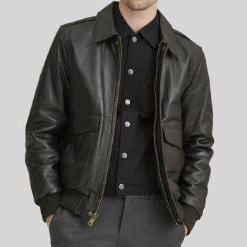 Men’s Dark Brown Real Leather Bomber Jacket  with Ribbed Cuffs