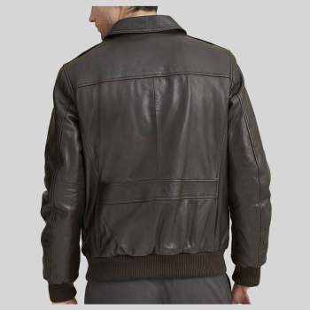 Men’s Dark Brown Real Leather Bomber Jacket  with Ribbed Cuffs