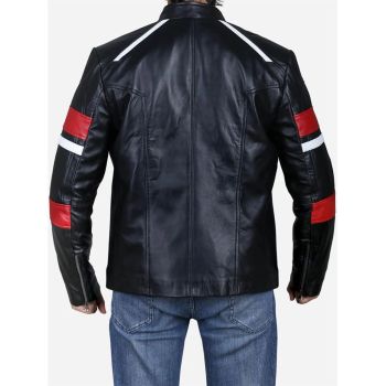Men's Red and White Striped Retro Café Racer Leather Jacket