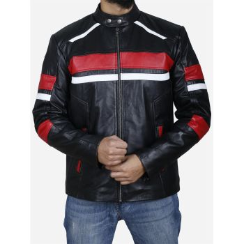 Men's Red and White Striped Retro Café Racer Leather Jacket