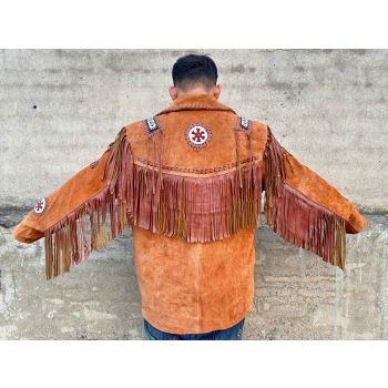 Men's Native American Suede Leather Jacket with Beaded & Fringes