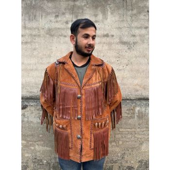Men's Native American Suede Leather Jacket with Beaded & Fringes