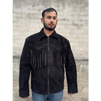 Men's Native American Suede Leather Jacket with Fringes & Zipper